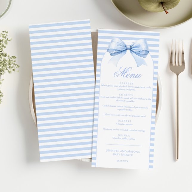 Shabby Chic Striped Arch Bow Baby Boy Shower Menu (Creator Uploaded)