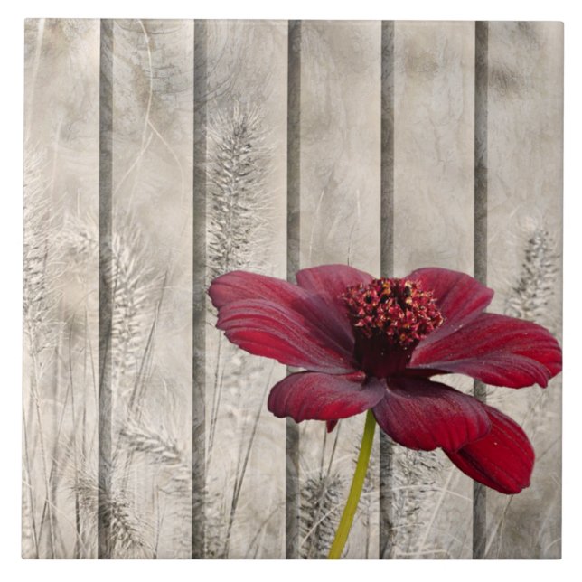 Shabby Chic Style Red Chocolate Flower On Wood Ceramic Tile (Front)