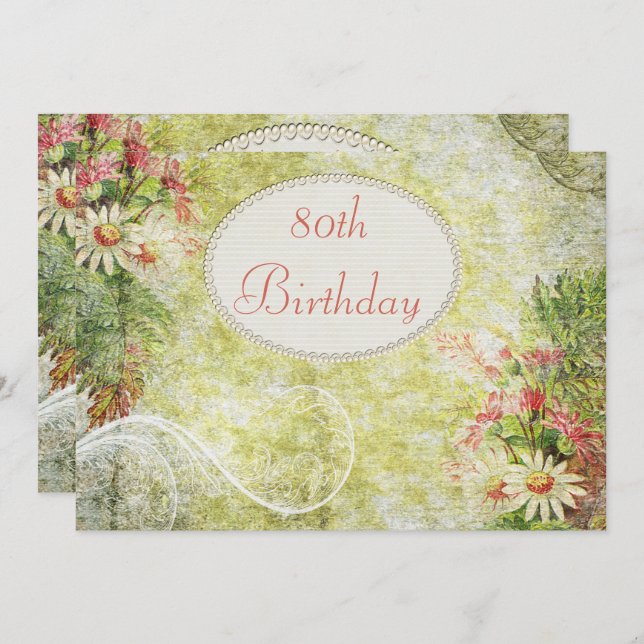 Shabby Chic Sweet 80th Birthday & Wildflowers Invitation (Front/Back)