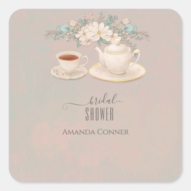 Shabby chic Tea Party Bridal Shower Square Sticker (Front)