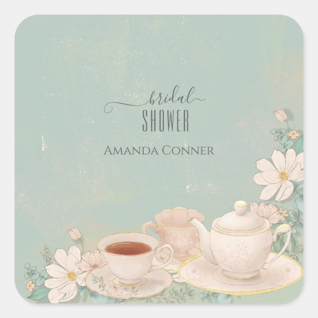 Shabby chic Tea Party Bridal Shower Square Sticker (Front)