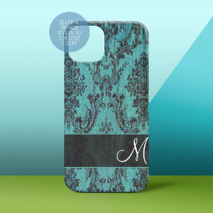 Shabby Chic Teal damask Pattern with Monogram iPhone 16 Case