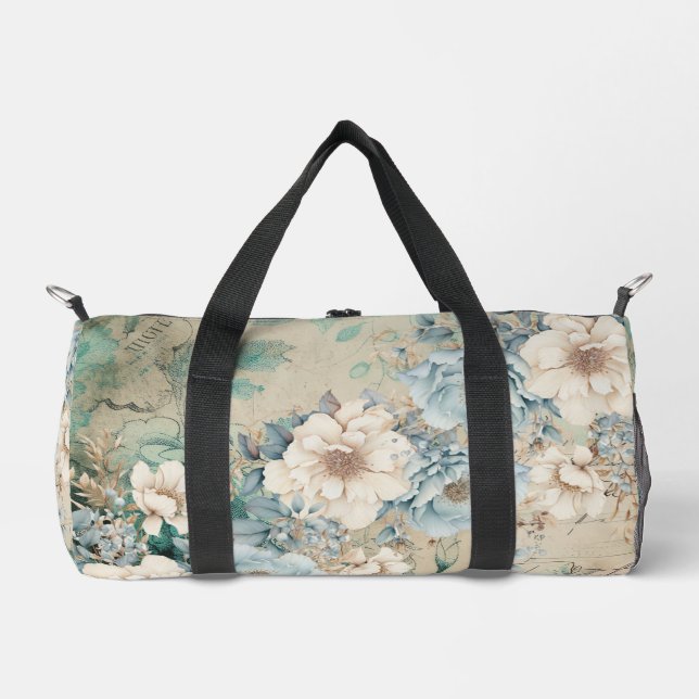 Shabby Chic Teal Pastel Floral Duffle Bag (Front)