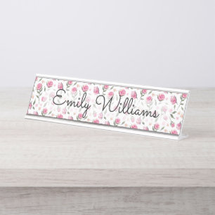 Shabby Chic Tiny Pretty Pink Roses White Feminine Desk Name Plate