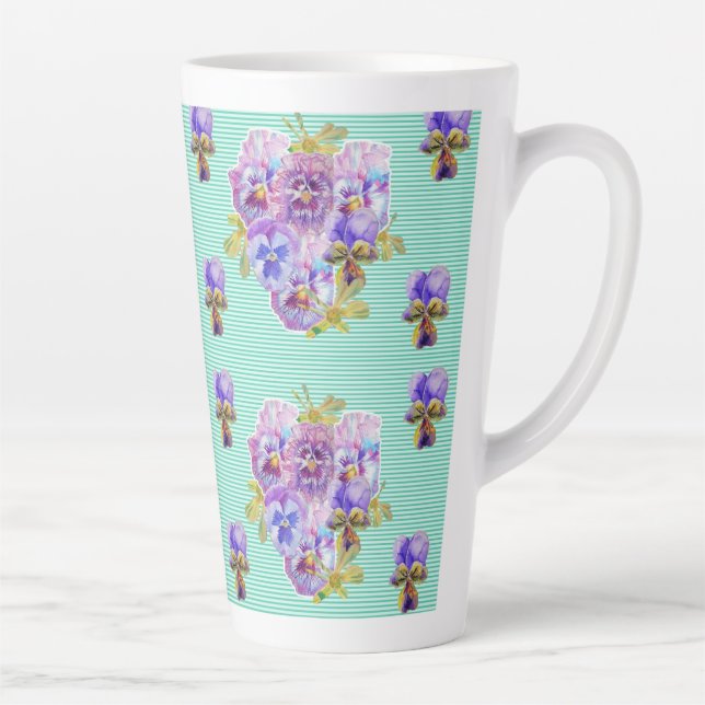 Shabby Chic Turquoise Aqua Pansy floral  Latte Mug (Right)