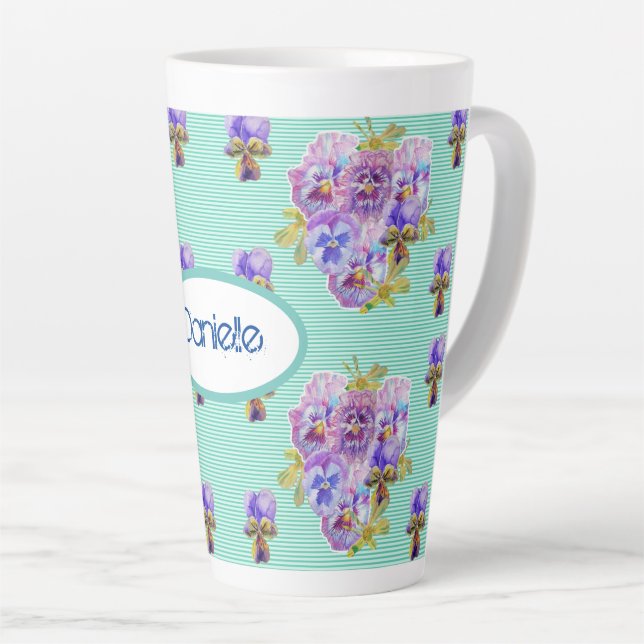 Shabby Chic Turquoise Aqua Pansy floral  Latte Mug (Right Angle)