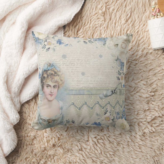 Shabby Chic Vintage Blue Lady Ribbon Cushion (Blanket)