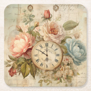 Shabby Chic Vintage Blush Blue Roses Floral Clock Square Paper Coaster