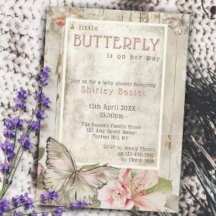 Shabby chic vintage butterfly girl baby shower invitation