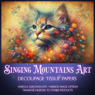 Shabby Chic Vintage Cat and Flowers Decoupage Tissue Paper