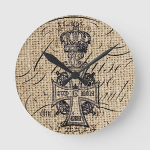 Shabby chic vintage crown burlap religious cross round clock
