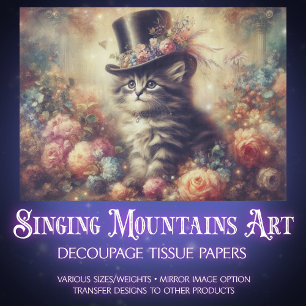 Shabby Chic Vintage Floral Cat Decoupage  Tissue Paper