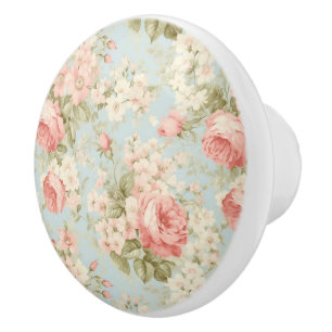 Shabby Chic Vintage Floral Victorian Pink Roses Ceramic Knob