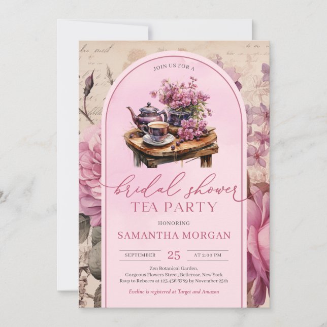 Shabby chic vintage fuchsia pink Bridal tea party Invitation (Front)