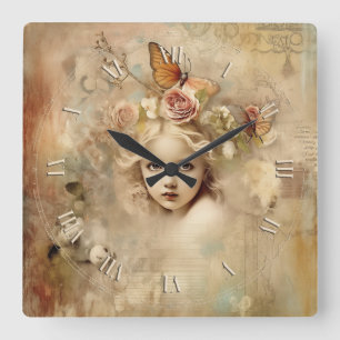 shabby chic vintage girl square wall clock