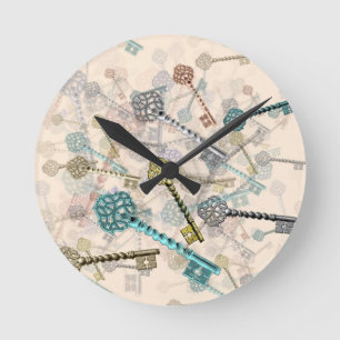 Shabby chic vintage keys print, subtle, pale shade round clock