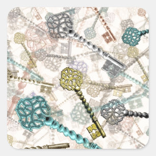 Shabby chic vintage keys print, subtle, pale shade square sticker