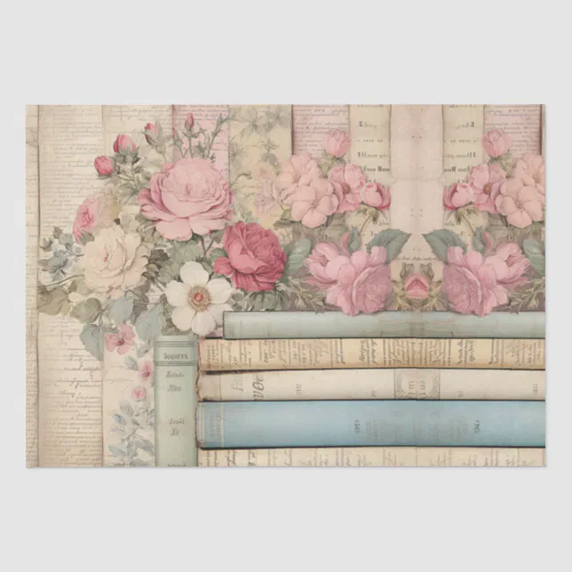 Shabby Chic Vintage Pink Roses Antique Books Tissue Paper | Zazzle