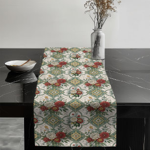 Shabby Chic Vintage Red Roses and Tiles Design Long Table Runner