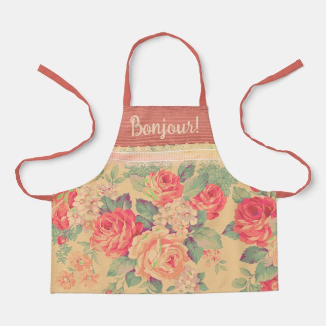 Shabby Chic Vintage Rose Bonjour Apron (Front)
