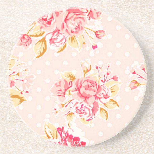 Shabby Chic Vintage Rose Dot Sandstone Coasters (Front)