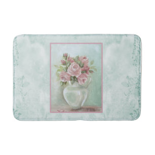 Shabby Chic Vintage Victorian Pink Roses on Teal Bath Mat