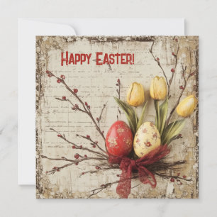 Shabby chic watercolor red and yellow Easer eggs Holiday Card