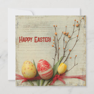 Shabby chic watercolor red and yellow Easer eggs Holiday Card