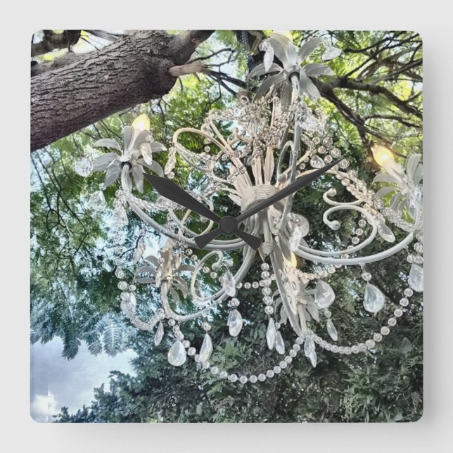 Shabby Chic White Crystal Chandelier Square Wall Clock (Front)