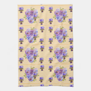Shabby Chic Yellow Stripe Pansy Floral Tea Towel