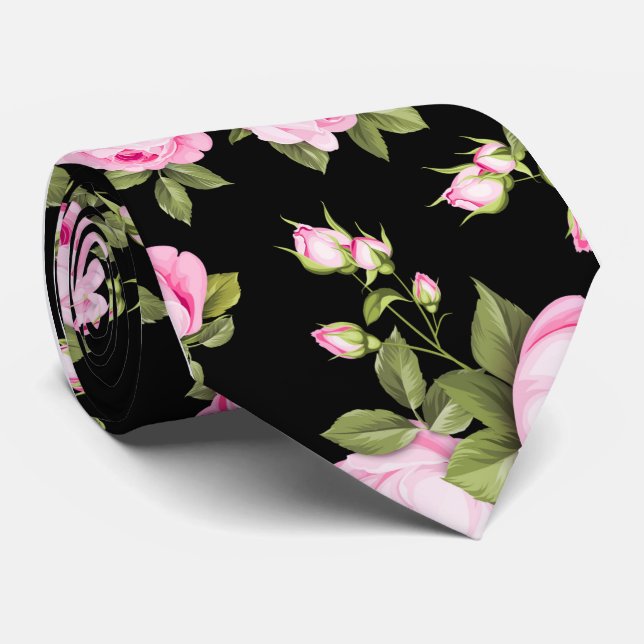 Shabby Chick Pink Roses on Black Tie (Rolled)
