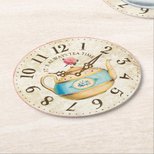 Shabby Clock Teapot Teatime Tea Party Coasters