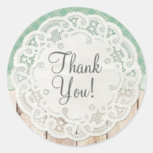 Shabby Cottage Chic Doily on Rustic Wood Thank You Classic Round Sticker