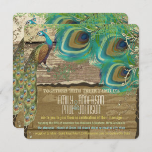 Shabby Country Peacock Vintage 3 Feathers Old Wood Invitation