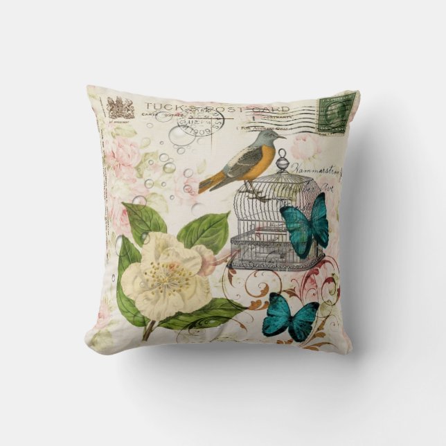 shabby elegance camellia french bird butterfly cushion (Front)