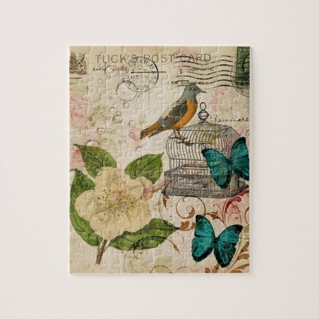 shabby elegance floral bird french botanical jigsaw puzzle (Vertical)