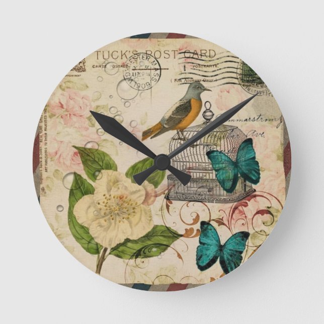 shabby elegance floral bird french botanical round clock (Front)
