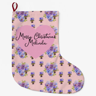 Shabby Floral Pastel Blue Christmas Girls Name Large Christmas Stocking