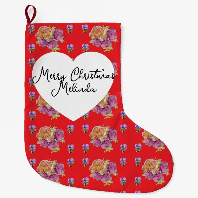 Shabby Floral Red Rose Roses Christmas Girls Name Large Christmas Stocking (Front)