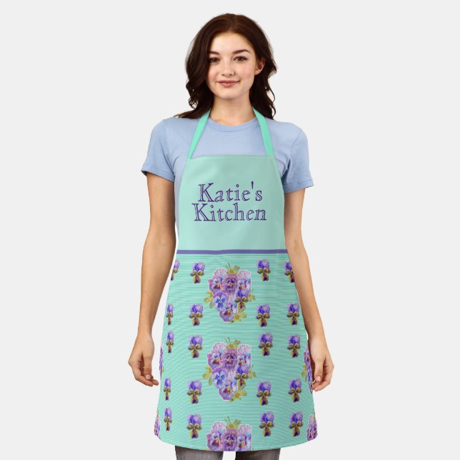 Shabby Flower Aqua Stripe art floral Kitchen Apron (Worn)