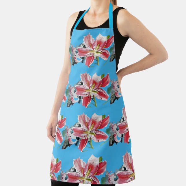 Shabby Flower Red Lily Blue floral Kitchen Apron (Insitu)