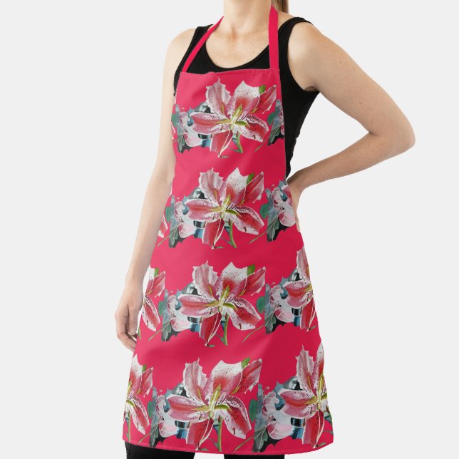 Shabby Flower Red Lily floral Kitchen Apron (Insitu)
