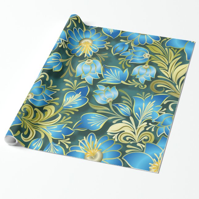 Shabby Flowers blue Wrapping Paper (Unrolled)