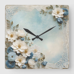 shabby flowers square wall clock