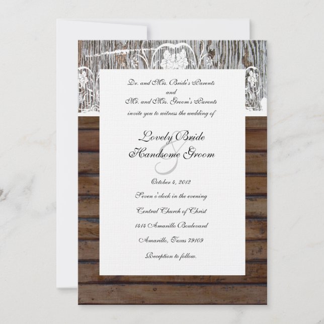 Shabby Lace Wood and Old Wood Wedding Invitation (Front)