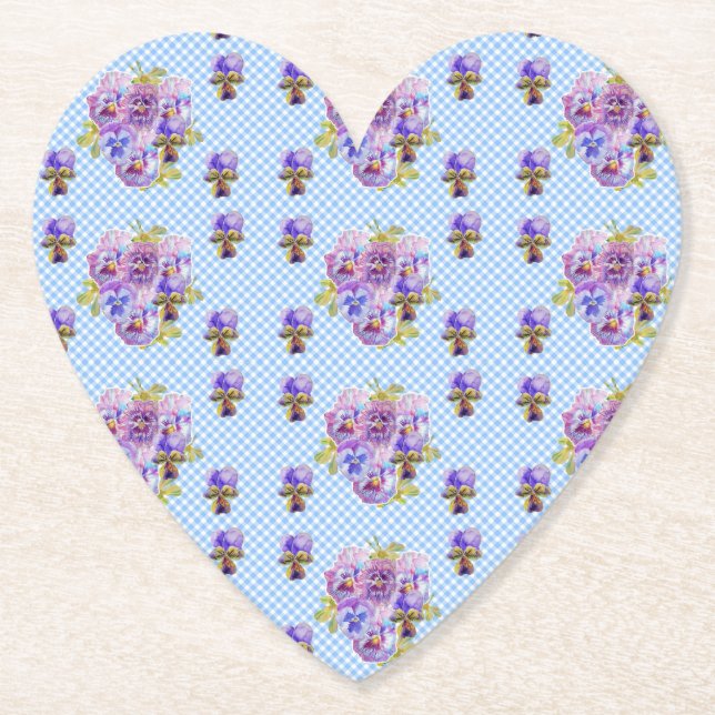 Shabby Pansy Floral Blue Gingham Drink Coasters (Front)