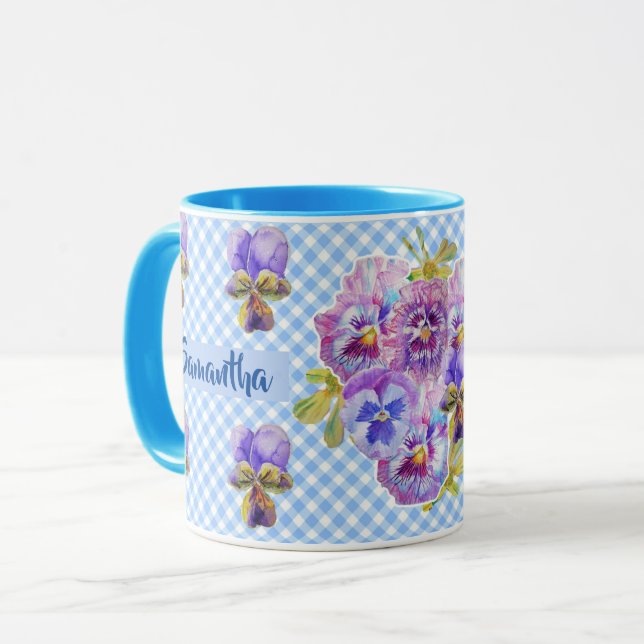 Shabby Pansy Floral Blue Gingham Flowers Girls Mug (Front Left)