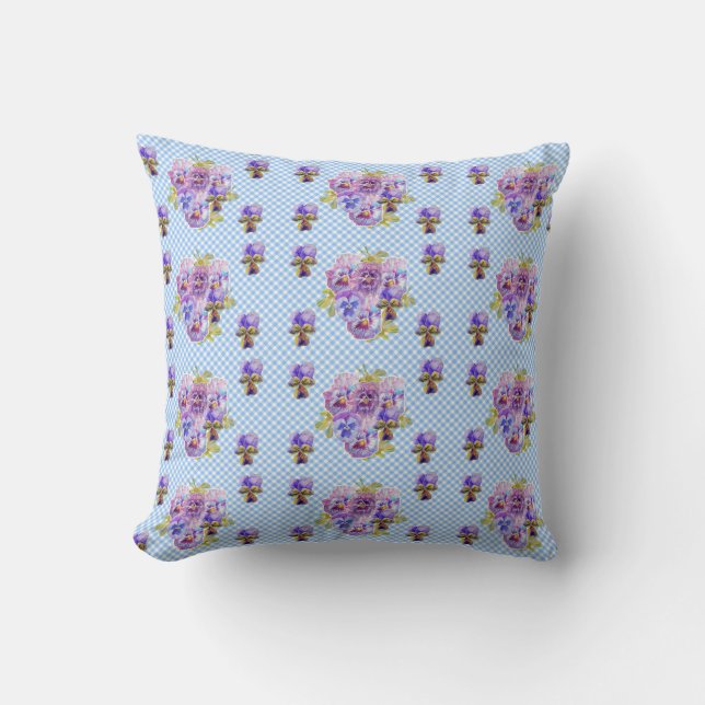 Shabby Pansy Floral Blue Gingham Flowers Retro Cushion (Front)