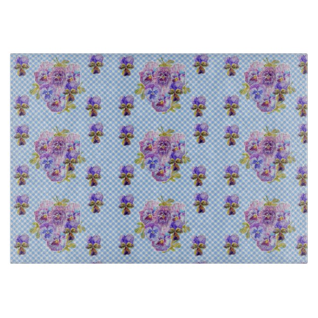 Shabby Pansy Floral Blue Gingham Magnetic Frame Cutting Board (Front)