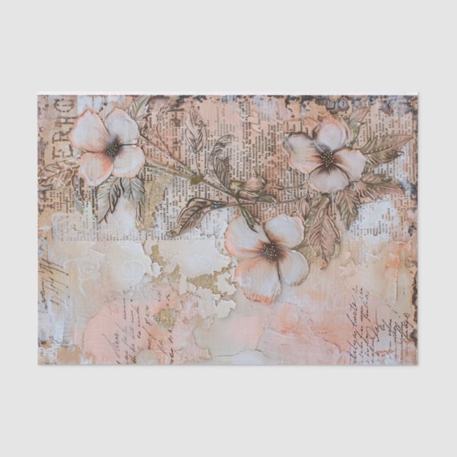 Shabby Peach Pink Floral Decoupage Tissue Paper (Front)